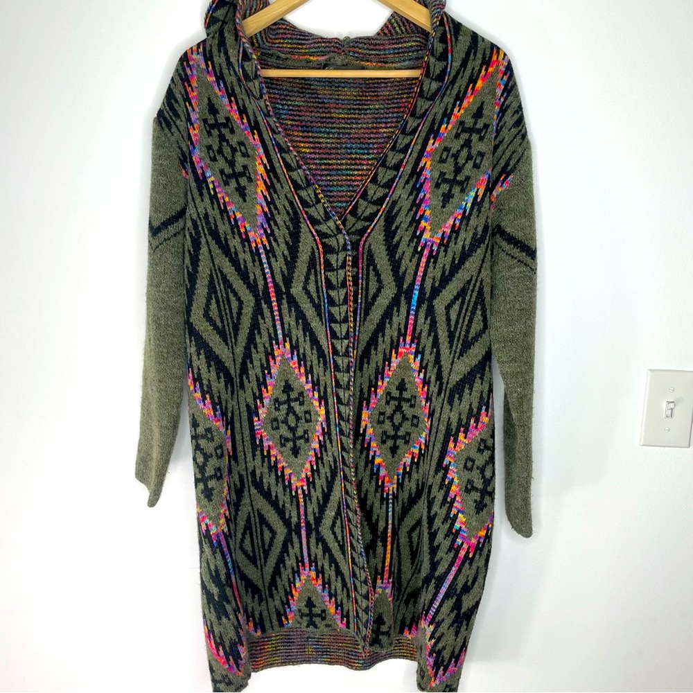 Creation •M• long hooded Aztec colorful wool blend single button cardigan